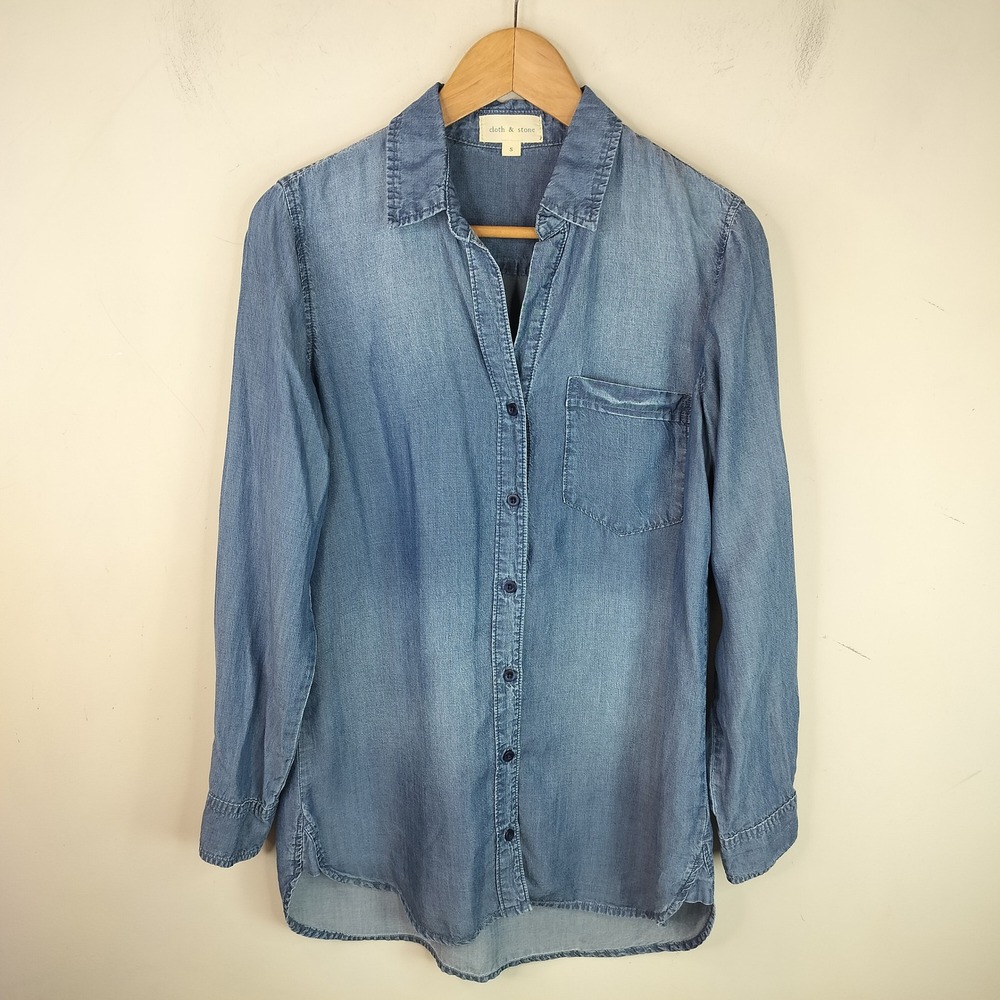 Cloth & Stone Button Down Shirt Tunic‎ Womens Small Hi Low Hem Casual Blue